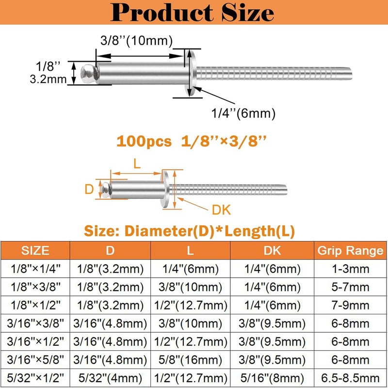 Sunxeke 100pcs 1/8 x 3/8 inch 304 Stainless Steel Pop Rivets, 3.2 x 10mm Blind Rivets for DIY/Automotive Repairs/Furniture - Image 2
